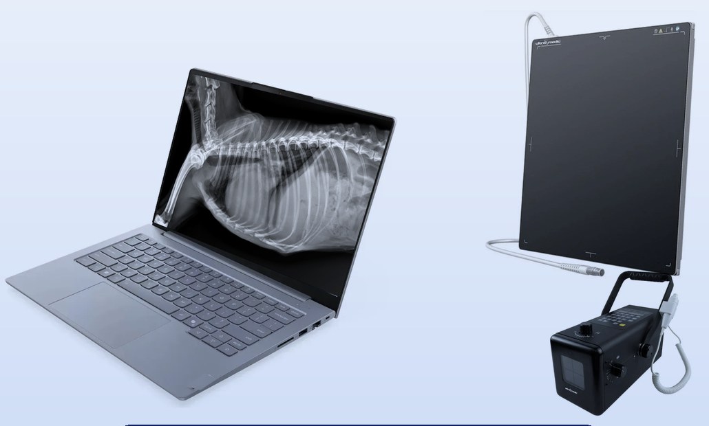 Notebook com imagem de raio X, placa DR e emissor híbrido